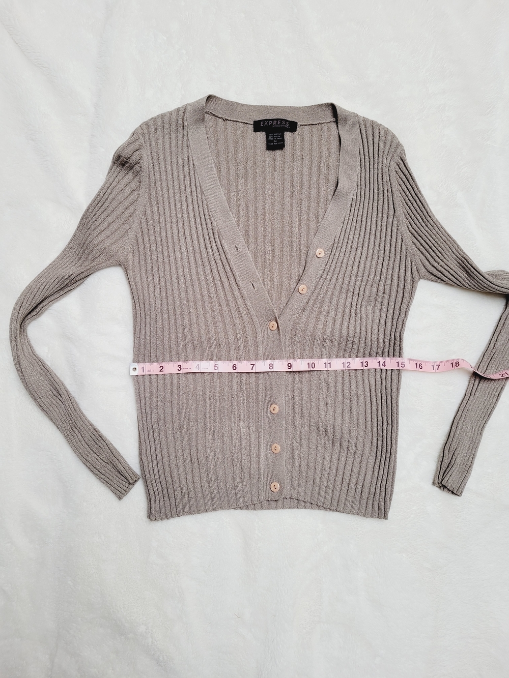 Express Ribbed Button-Up Cardigan in Taupe - Picture 5 of 5